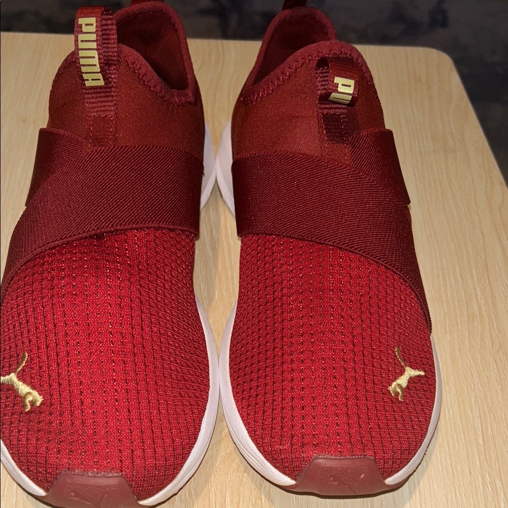 PUMA Red and Gold Slip-On Sneakers